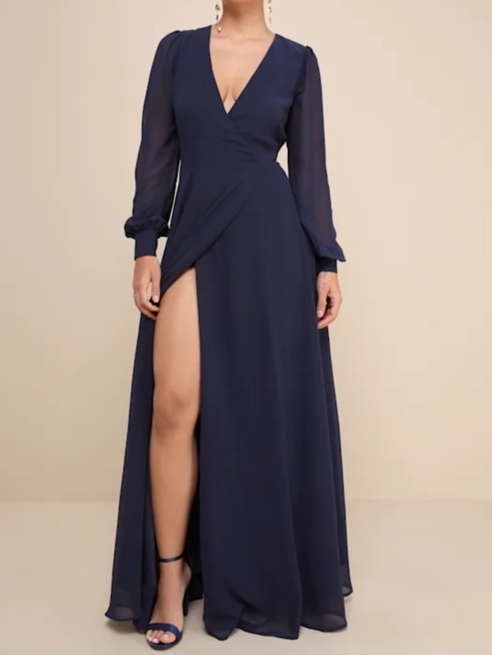 NWT Lulus Sz M My Whole Heart Dark Navy Blue Long Sleeve Wrap Dress